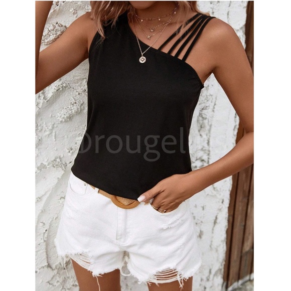 Strappy Black Tank Top Asymmetric Neck Stretchy - Picture 4 of 7